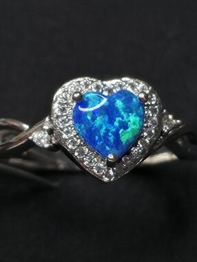 Source Unknown Sterling Silver Fiery Blue Opal Heart Halo Ring Size 10